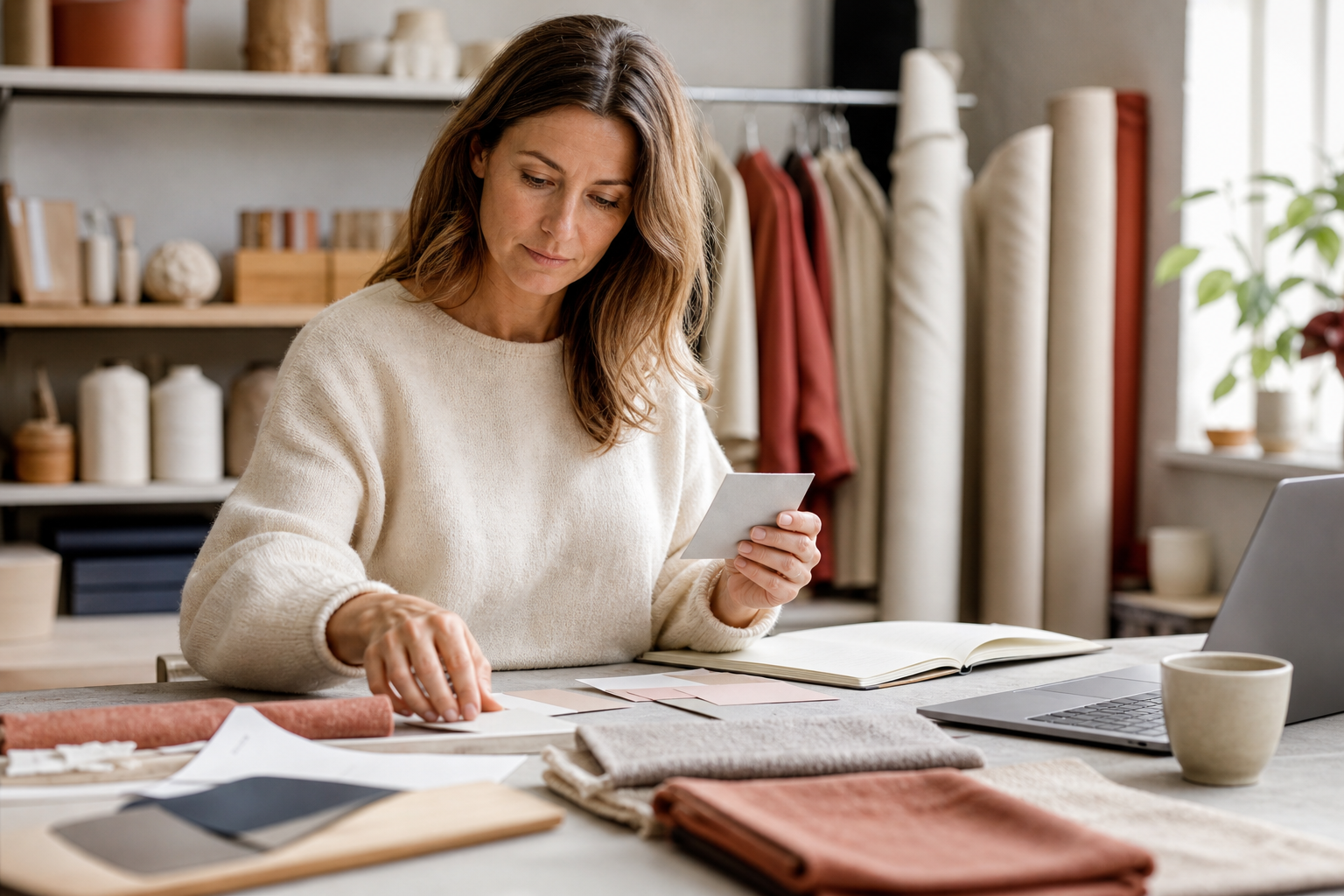 Ondernemer in een textielatelier vergelijkt materialen en prijskaartjes aan haar werktafel